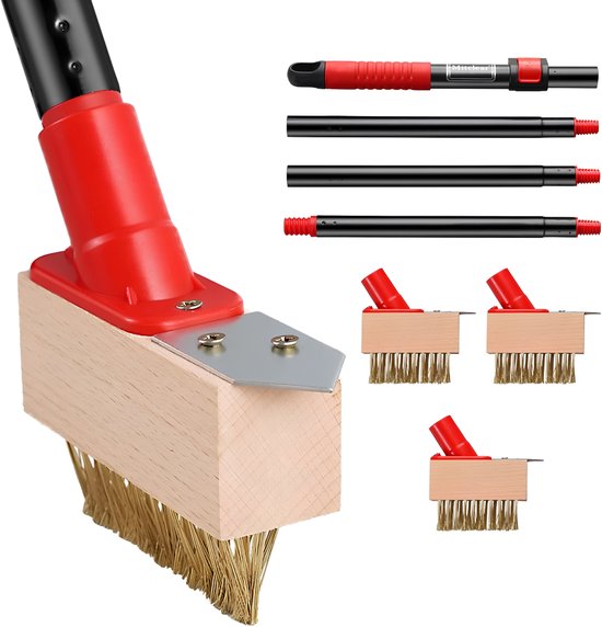 Lìon® Onkruidborstel - 3 Borstels - Borstel en Bladschraper - Onkruidverwijderborstel - Zwart/Rood - 12cm x 4cm x 135cm