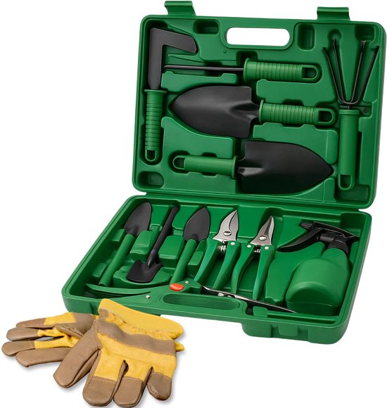 Lomera 10-Delige Tuingereedschap Set - Grasschaar - Tuinschepje Breed - Tuinschepje Smal - Tuinharkje - Snoeischaar - Voegenmes - Mini-Harkje - Mini-Schepje Breed - Mini-Schepje Smal - Plantenspuit - Opbergkoffer Inbegrepen van Lomera
