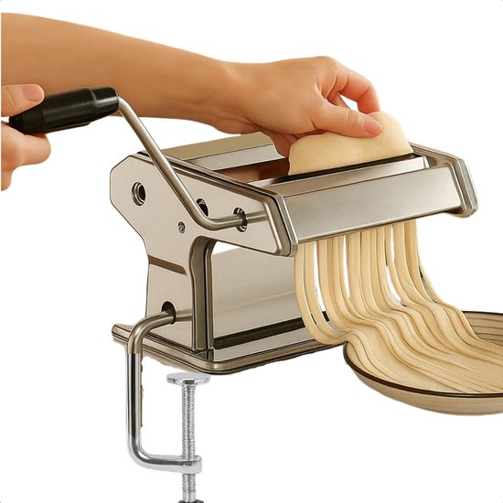 Lomera Pastamachine Roestvrijstaal - Spaghetti Machine - Zelfgemaakte Pasta - Lasagna Maken - Tagliatelle Maken - Verstelbare Diktes - Tafelgreep Bevestiging - Eenvoudig Te Reinigen - Roestvrijstalen Materiaal - 410 Stainless Steel van Lomera