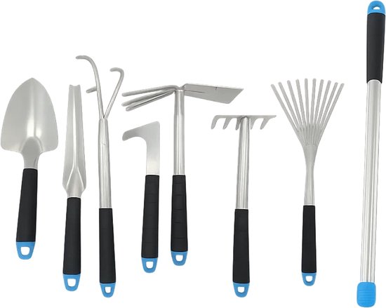 Lomera Tuingereedschap Set - 8-Delige Set - Hark En Schop - Telescopische Steel - Metaal En Kunststof - Planthulp - 3-Tands Hark - 5-Tands Hark - Tuinklauw - Voegmes - Tuinaccessoires - Handgereedschap - Tuinonderhoud - Multifunctioneel Gebruik van Lomera
