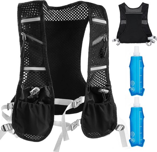 Loopvest voor dames en heren - verstelbare drinkrugzak - ultralicht hardloopvest met 2 drinkflessen 500 ml - reflecterend running vest