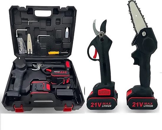 LotaHome - Elektrische Snoeischaar & Mini Kettingzaag - Dubbele Set - Snoeischaar en Kettingzaag - Complete Set - Handkettingzaag - Snoeien - Accu Snoeischaar - Snoeizaag - Inclusief Extra Accu en Handschoenen - Met Opbergkoffer - Zwart van LotaHome