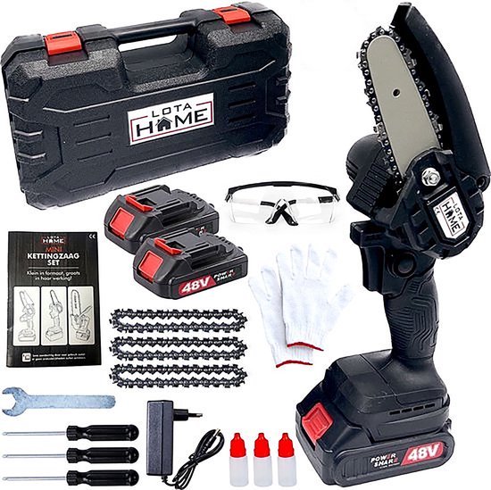 LotaHome - Mini Kettingzaag - Elektrische Kettingzaag met 2 Accu's - 48V - Snoeizaag - Tuinieren - Krachtige Kettingzaag - Handkettingzaag - Elektrische Snoeischaar - Met Extra Accu, 3x Ketting, Handschoenen, Bril en Opbergkoffer - Zwart - Cadeau van Merkloos	