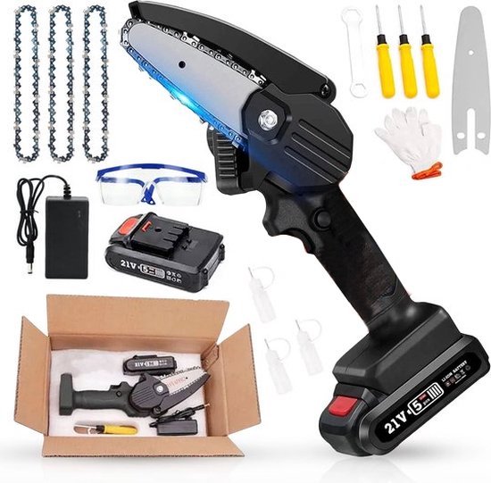 LotaHome - Mini Kettingzaag Set - Met LED Verlichting - Inclusief Diverse Accessoires - Elektrische Kettingzaag - Snoeizaag - Elektrische Snoeizaag - Handkettingzaag - Boomzaag - Hout Snijden - Ook voor Makita - Met Accu - Tuinieren - Inc. Handschoen van LotaHome