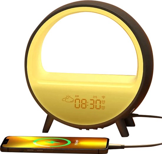 LotaHome - Wake Up Light - Wekkerradio - Met Zonsopgang en Bluetooth Speaker - Draadloze Oplader - Wifi - Cadeau - Wake Up Light met Natuurlijke Geluiden - Smart - Digitale Wekker - Slaapwekker - Lichtwekker - Google Home & Amazon Alexa - Led Light van LotaHome