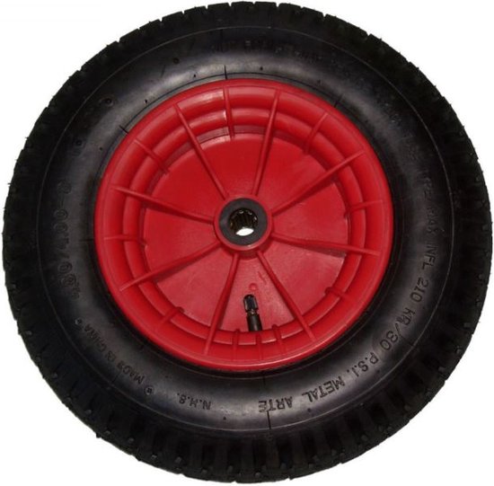Luchtband kruiwagenwiel 400 mm, 4PR, PVC velg 100 mm, as 20 mm, naald, blokprofiel kruiwagenwiel van Matador.