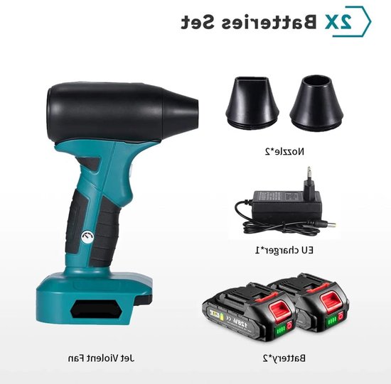 Luchtblazer - Turbo Blazer - Accu - Brushless Motor - 4 Snelheden - 30 m/s Windkracht - 13.000 RPM - 18V - 160W - Draadloze Blaasfunctie - voor Stof - Auto en Werkplaats - 2 Accu's met 1 Lader van Merkloos	