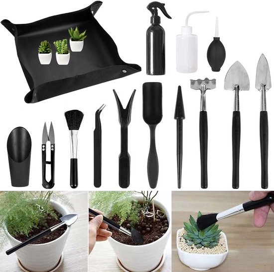 Lunaanda Tuingereedschapset, 13-delige mini-plantengereedschapset en opvouwbare plantmat 100x100cm Verpotmat, tuingereedschapset Miniatuur Bonsai-gereedschapset voor binnen- en buitengebruik van Lunaanda