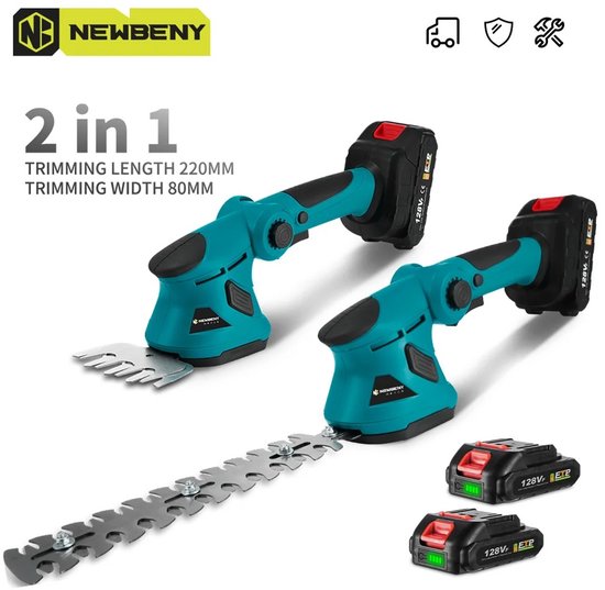 Luxe 2-in-1 Heggenschaar en Grasmaaier – 20000RPM – Met SK5-Stalen Messen, 220mm Trimblad - 80mm Grasmes – Verstelbare Hoek van 90° – 2 Accus – Lichtgewicht, Krachtig - Multifunctioneel Tuingereedschap voor Precisiesnoei, Struiken, Heggen en Gras van Luxe.