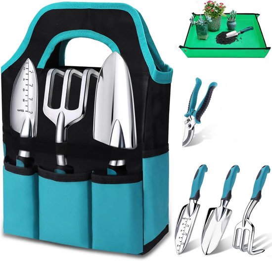Luxe 6-delige Tuingereedschapset - Met Verpotmat & Opbergtas - Ergonomisch & Roestvrij - Tuingereedschap Cadeau - Diep-Cyaan van Luxe