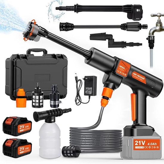 Luxe Accu Hogedrukreiniger – 45 Bar – 2×4000 mAh – Draadloos – Met 6-in-1 Mondstuk van Merkloos	