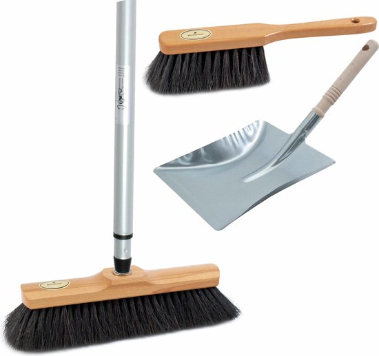 Luxe bezemset bruin/zilver van metaal inclusief telescoopsteel 200 cm voor binnen - Bijpassende stoffer en blik/bezem set van Luxe