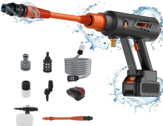 Luxe Hogedrukreiniger – Auto – Hogedrukspuit – Terrasreiniger – Met Accu – Draadloos – Draagbare Hogedrukreiniger – Inclusief Accessoires – Oranje van Nimideen