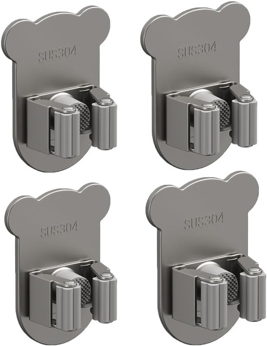 Luxe Wandhouder - Steelklem - Bezem Ophangsysteem - 4 Stuks Cartoongeïnspireerde Porte-balais, Roestvrij Staal SUS 304, Zonder Booren, voor Wand, Sterk Klem Effect, Keuken Gereedschap, Garage, Tuin en Badkamer (Metaal Grijs) van Tassé	

