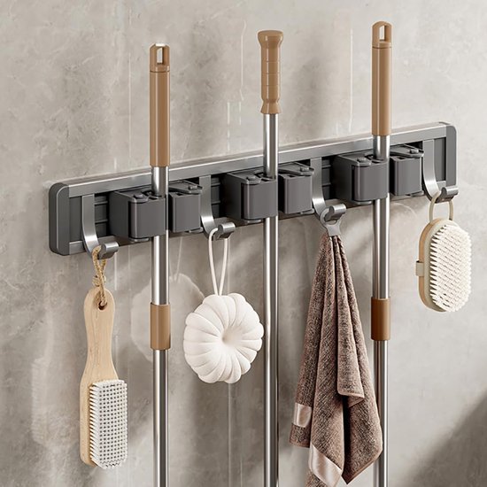 Luxe Wandhouder - Steelklem - Bezem Ophangsysteem - Grijs Aluminium Wandbezemhouder, Zonder Booren, Adhesief Support met Crochet, Rangeer en Porte Gereedschap, 3 Supports en 4 Crochets, Geschikt voor Keuken, Garage, Tuin en Badkamer van Merkloos	