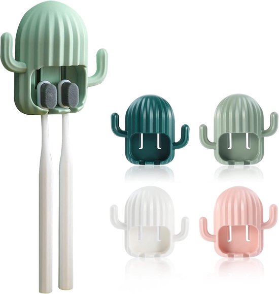 Luxe Wandhouder - Steelklem - Bezem Ophangsysteem - Porte Brosse à Dents, Wand Porte Brosse à Dents, 4 Stuks Kaktus Forme Brosse à Dents Organisator met 2 Gaten, Zonder Booren Adhesief Brosse à Dents Support, Geschikt voor Badkamer van Huxigo.