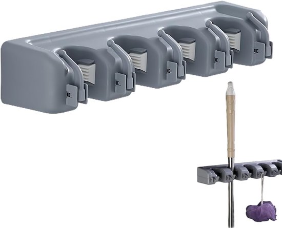 Luxe Wandhouder - Steelklem - Bezem Ophangsysteem - Wandbezemhouder met Booren Support, 4 Emplacements en 5 Crochets, Badkamer Rangement Organisator Oplossing van Merkloos	
