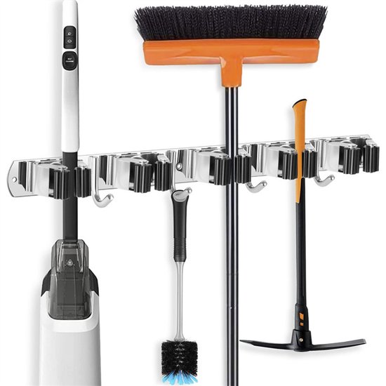 Luxe Wandhouder - Steelklem - Bezem Ophangsysteem - Wandbezemhouder, RVS Porte Balais, Rangement Cintre Support, 5 Emplacements en 4 Crochets, Geschikt voor Keuken, Buanderie en Garage Organisatie van Merkloos	