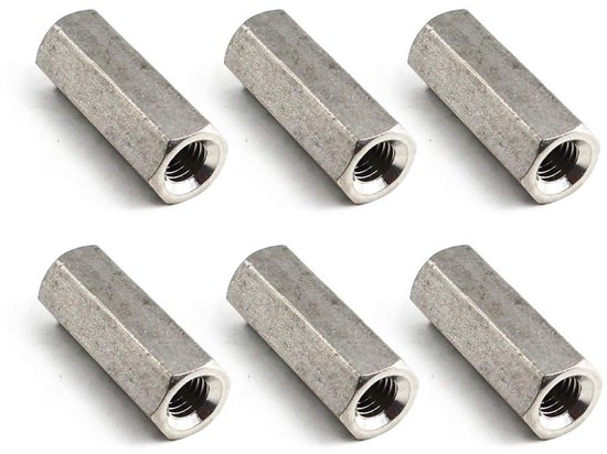 M10x17x25 Lange Hex Koppelmoer van RVS - Set van 6 - Duurzaam, Corrosiebestendig en Veelzijdig Gebruik
