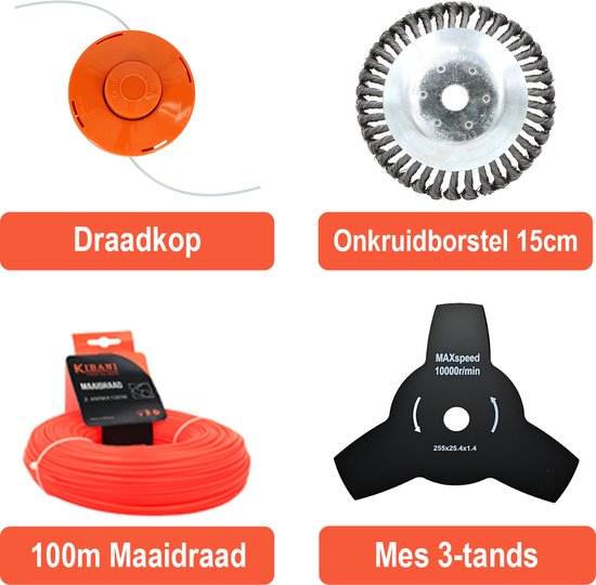 Maaidraad 100M, draadkop, 3-tands mes en onkruidborstel 15cm voor Bosmaaier of Combitool - draadspoel - maaikop van Wiltec