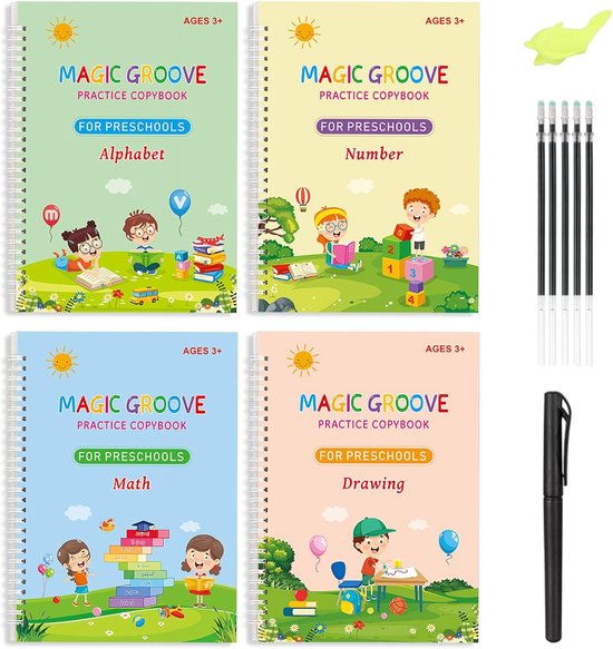 Magic Boek - 4 Stuks Magisch Oefenboek - Herbruikbaar Oefenboek + 5 Navullingen + 1 Penhouder - Voor Kinderen - Schrijven - Tekenen van Merkloos	