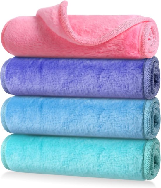 Make-up Remover Doek - 4 stuks Herbruikbare Gezicht Washandjes - Wasbare Make Up Facial Remover Pads Ultra Zachte Microfiber Reinigende Handdoeken - 15,7 x 6,7 inch - Narcis groen - Blauw - Roze van Merkloos	