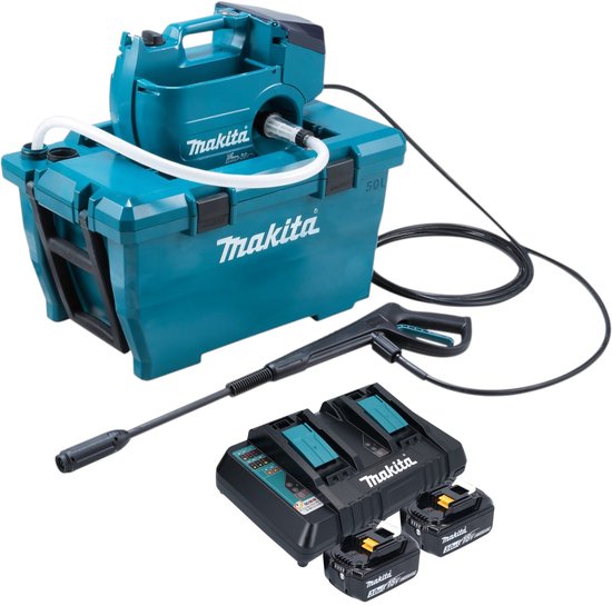 Makita DHW 080 PF2K Snoerloze hogedrukreiniger 36 V ( 2x 18 V ) 80 bar 380 l/u Borstelloos + 2x accu 3.0 Ah + dubbele lader van Makita