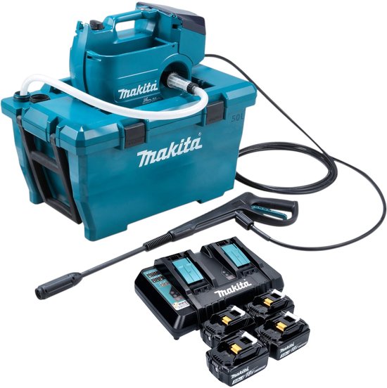 Makita DHW 080 PF4K Snoerloze hogedrukreiniger 36 V ( 2x 18 V ) 80 bar 380 l/u Borstelloos + 4x oplaadbare accu 3.0 Ah + dubbele lader van Makita