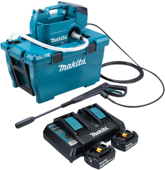 Makita DHW 080 PG2K Snoerloze hogedrukreiniger 36 V ( 2x 18 V ) 80 bar 380 l/u Borstelloos + 2x accu 6.0 Ah + dubbele lader van Makita