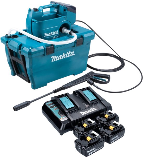 Makita DHW 080 PG4K Snoerloze hogedrukreiniger 36 V ( 2x 18 V ) 80 bar 380 l/u Borstelloos + 4x oplaadbare accu 6.0 Ah + dubbele lader van Makita
