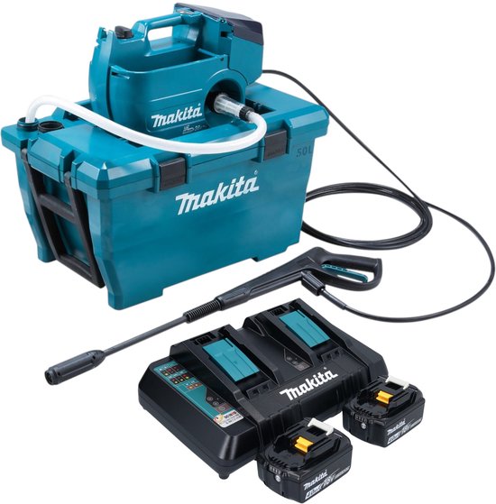 Makita DHW 080 PM2K Snoerloze hogedrukreiniger 36 V ( 2x 18 V ) 80 bar 380 l/u Borstelloos + 2x accu 4.0 Ah + dubbele lader