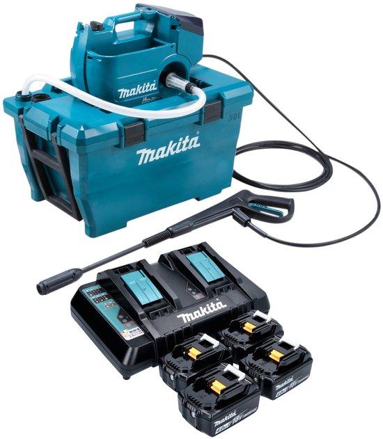 Makita DHW 080 PM4K Snoerloze hogedrukreiniger 36 V ( 2x 18 V ) 80 bar 380 l/u Borstelloos + 4x accu 4.0 Ah + dubbele lader van Merkloos	