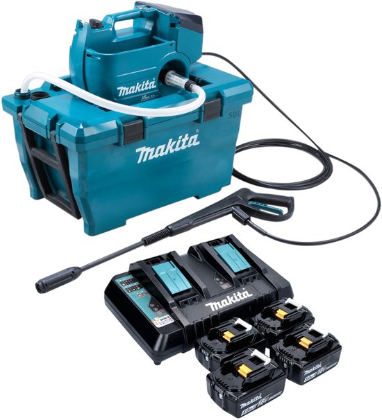Makita DHW 080 PT4K Snoerloze hogedrukreiniger 36 V ( 2x 18 V ) 80 bar 380 l/u Borstelloos + 4x accu 5.0 Ah + dubbele lader van Merkloos	