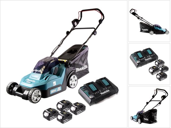 Makita DLM 382 PF4 accugrasmaaier 36 V ( 2x 18 V ) 38 cm 40 l + 4x accu 3.0 Ah + dubbele lader
