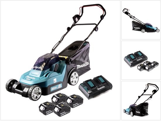 Makita DLM 382 PG4 accugrasmaaier 36 V ( 2x 18 V ) 38 cm 40 l + 4x accu 6.0 Ah + dubbele lader van Merkloos	