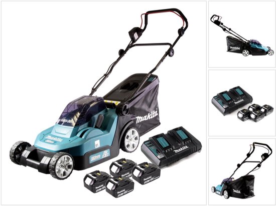 Makita DLM 382 PT4 accugrasmaaier 36 V ( 2x 18 V ) 38 cm 40 l + 4x accu 5.0 Ah + dubbele lader van Makita
