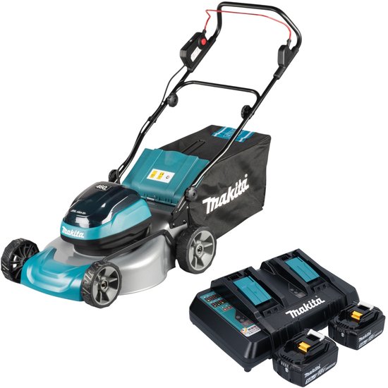 Makita DLM 466 PT2 accu-grasmaaier 36 V (2x 18 V) 46 cm borstelloos + 2x accu 5,0 Ah + oplader