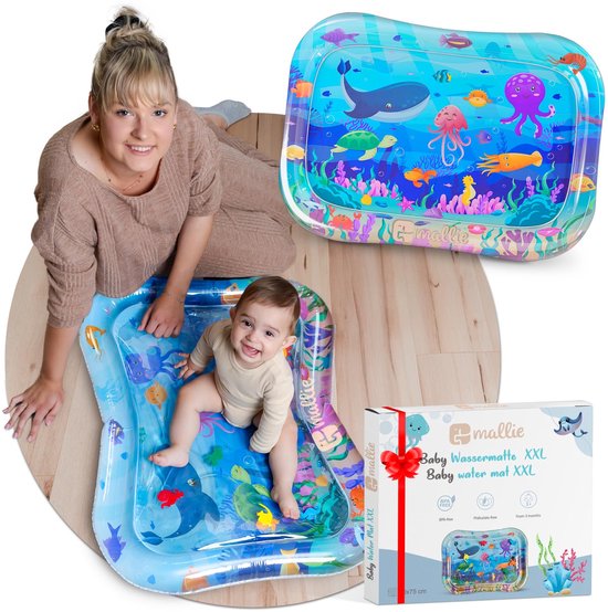 Mallie® Blauw Watermat XXL Baby BPA-vrij 95 x 75 cm I Perfect tummy time speelgoed voor buikligging – Waterspeelmat baby, babymat, water speelmat voor baby vanaf 3 maanden, Waterspeelgoed van Mall