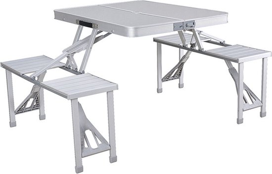 Marbueno Tafelset en 4 Stoelen met Paraplu Gat Vouwbaar Aluminium Grijs Camping en Strand 136X85X67 cm 10439 van Marbueno