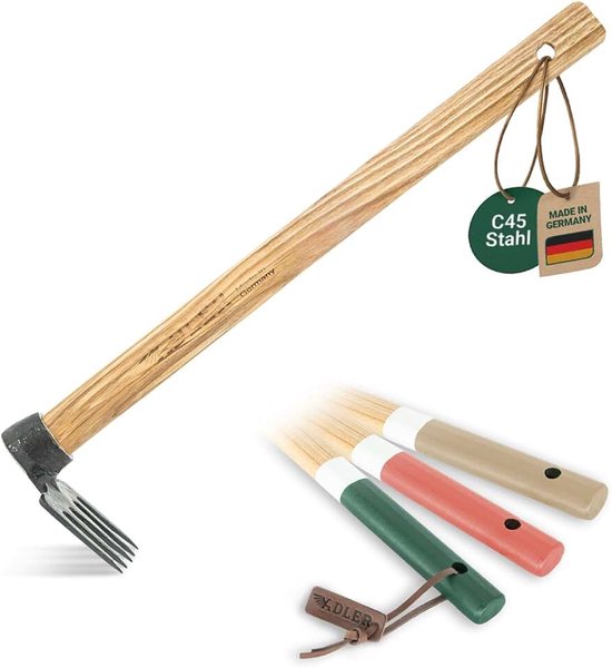 Mary Handhark van C45 staal – 5 tanden tuinhark met essenhouten steel (30 cm / 45 cm) – robuuste mini-hark voor het harken en losmaken van aarde in de tuin en verhoogd bed (S - 450 mm, wit/groen