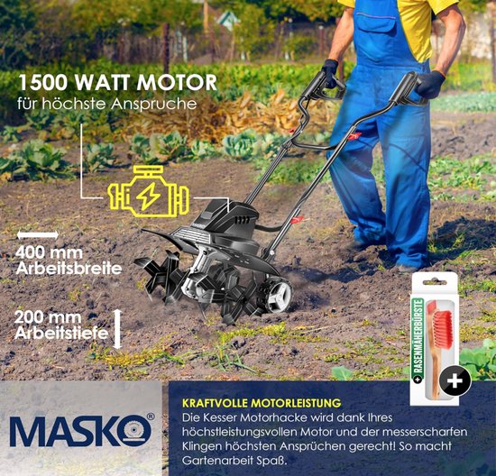 MASKO® elektrische motorhak 1500 Watt | 40 cm werkbreedte 20 cm werkdiepte | grondhak | akkerfrees landbouwer tuinfrees | elektrische hak | inklapbare handgreep | metalen behuizing | transportwielen, zwart