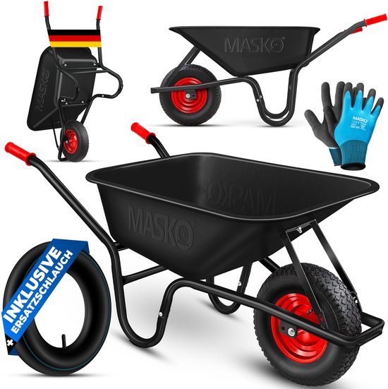 MASKO® Kruiwagen 100L met Luchtbanden max. 250kg laadvermogen inclusief Handschoenen - Zwart van Merkloos	