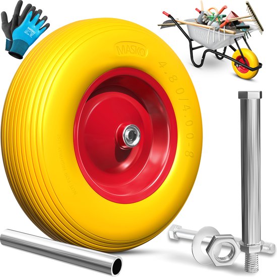 MASKO® PU Kruiwagenwiel Massief Rubber 4.80/4.00-8 Ø 390mm inclusief As - Vervangwiel voor Kruiwagen Tuinwagen PU Wiel - Geel / Rood van MASKO®