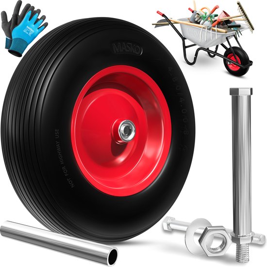 MASKO® PU Kruiwagenwiel Massief Rubber 4.80/4.00-8 Ø 390mm inclusief As - Vervangwiel voor Kruiwagen Tuinwagen PU Wiel - Zwart / Rood van MASKO®