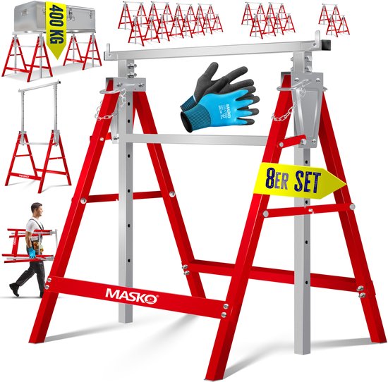 MASKO® Telescopische schraag - Belastbaar tot 200 kg - Verstelbaar 80-130 cm - 8-delig - Zilver/rood