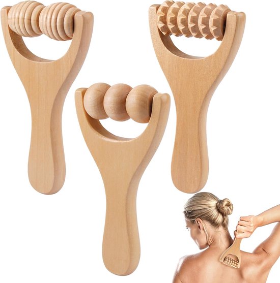Massageroller met handgrepen - 3 stuks - 15 x 8 cm - houten massageroller voor rugspieren - handmatig houttherapie-massagegereedschap - voor dieptemassage verlichting van spierspanning - ontspanning en herstel van Merkloos	