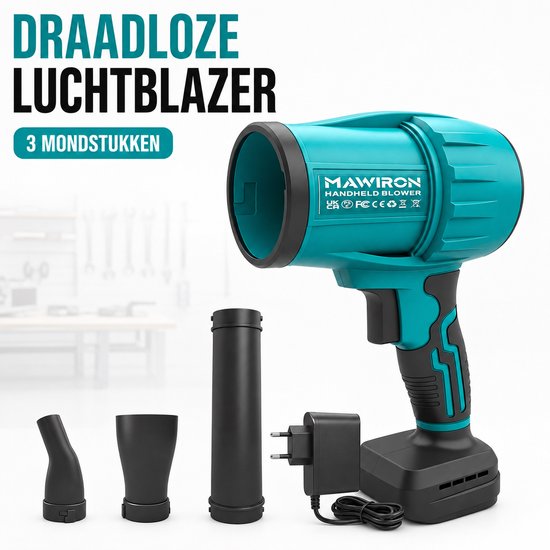 MAWIRON Accu Bladblazer – Krachtige Draadloze Handblazer met 3 Mondstukken – Voor Bladeren, Stof, Vuil, Werkplaats en Auto Drogen – Inclusief EU-Oplader