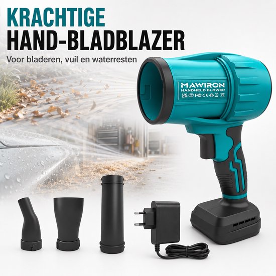 MAWIRON Draadloze Turbo Bladblazer – Compacte Accu Handblazer met Sterke Luchtstroom en 3 Opzetstukken – Voor Tuin, Terras, Garage, Werkplaats en Auto