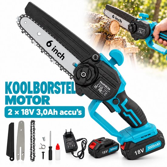 MAWIRON Mini Kettingzaag met Koolborstelmotor – 18V – 6 Inch – 2 × 3,0Ah Accu’s en Oplader – Draadloze Snoeizaag en Takkenzaag voor Tuinonderhoud