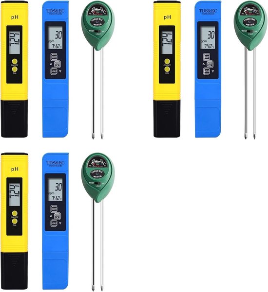 Meetinstrumenten Kit - PH TDS EC - Bodem Analyse - 9 Delige Set - Digitale Display - Geel Blauw Groen